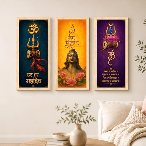 Image of Lord Shiva Framed Wall Art Paintings for Living Room, Set of 3 Mahadev wall art Poster with Trishul & Damru Painting, Indian Religious Vastu for Living Room, Home & Office (Size 24x48)