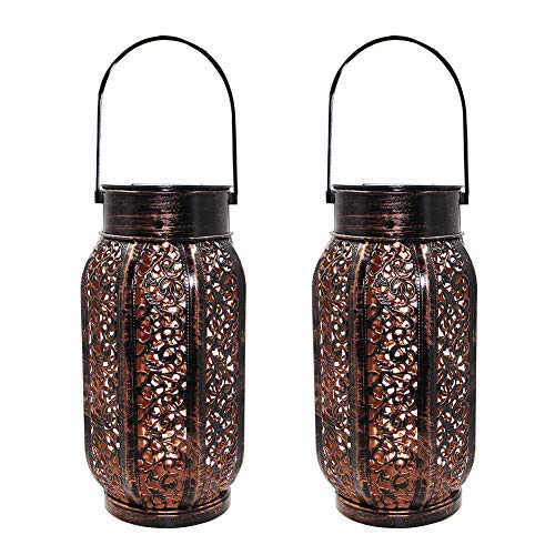 Maggift 2 Pack 10.6 Inch Hanging Solar Lights Outdoor Retro Hanging 20 Lumens Solar Lantern with Handle, Brown