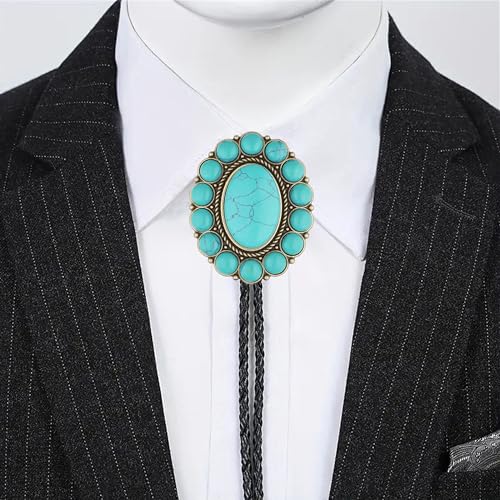 Image of GelConnie Bolo Tie for Men Women Western Cowboy Turquoise Leather Necktie | Natural Stone Bolo Tie Necklace for Women Rodeo Cowboy Leather Necktie Native American Western Cowgirl Ties Adjustable Cord