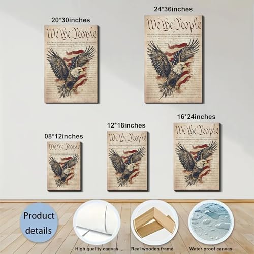 Image of Framed We The People Bald Eagle Wall Art, Patriotic US Constitution Canvas Art Pictures, American Flag Wall Decor, Made in USA Ready to Hang for Office Living Room