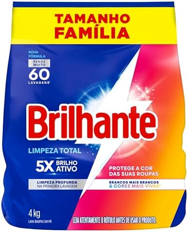 Embalagem frontal do sabão em pó Brilhante Limpeza Total de 4kg com destaque para o rendimento de 60 lavagens