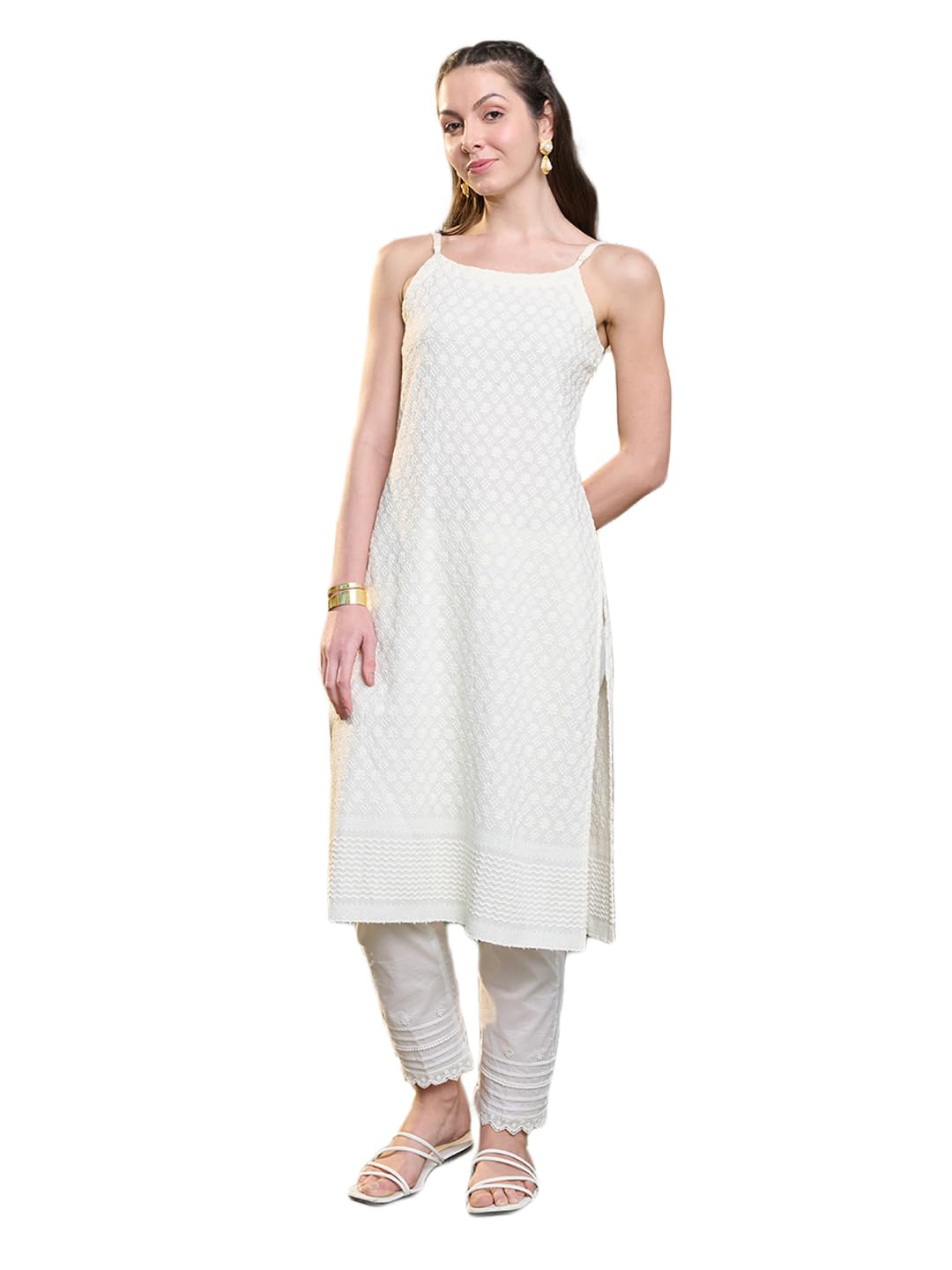 Stylum Women's Chikankari Rayon Straight Kurta (Creamglam34_Cream, Xs)