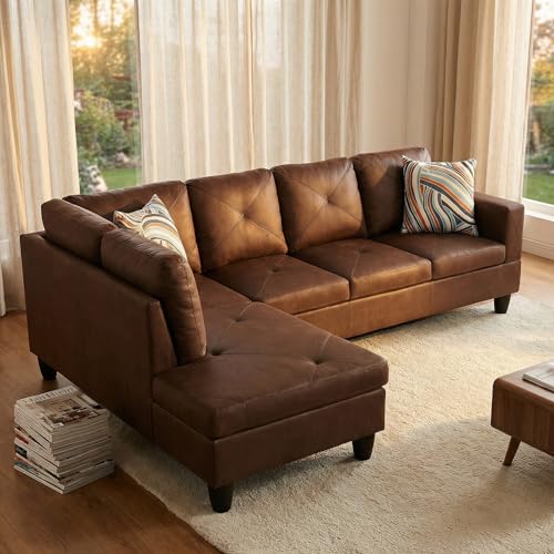 Image of L-Shaped Sectional Sofa, Modern 4-Seat Couch with Left Facing Chaise, Sectional Couch for Living Room, Apartment, Office, Brown