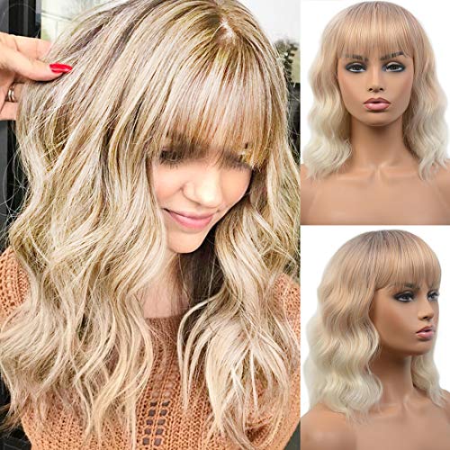ORSA Natural premium Synthetic Short Wavy Bob Wigs With Airs Bangs For Black & White Women 14 Inch Natural Looking Shoulder Length Full Hair Bob Curly Wig As Real Hair for Daily Use(Ombre Blonde)