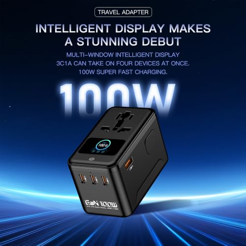 Image of MX 100W GaN Universal Travel Adapter Smart LCD Display Fast Charging Station, Multi Device Charger, USB-C PD 100W International Plug Adapter for 200+ Countries | MacBook, iPhone, Samsung & Laptop