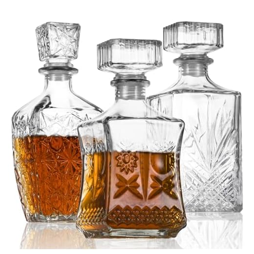 LAWADACH Whiskey Decanter, Liquor Decanters Set of 3, Glass Alcohol Bottle for Vodka, Tequila and Bourbon Unique Whiskey Bar and Party Decorations (28oz*2, 31oz*1)