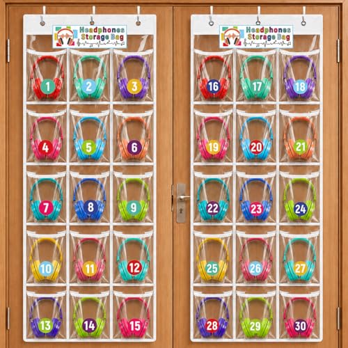 2 Pack Classroom Headphone Storage Organizer with 30 Clear PVC Pockets Over-the-Door Hanging Headphone Holder Bag Classroom Door Storage for Headphones Cell Phones with 32 Label Stickers (White)