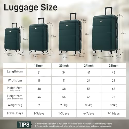 Image of 6 Pcs ABS Hardshell Luggage Sets Spinner Wheel Suitcase Lock Suitcases Dark Green