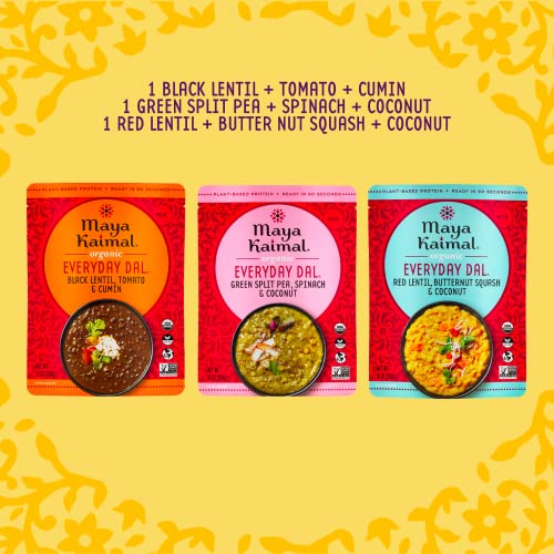 Image of Maya Kaimal Foods - Organic Indian Everyday Dal - Variety Pack 10oz - Red Lentil, Black Lentil, Green Split Pea - Fully Cooked - Vegan - Microwavable - Ready to Eat Meals - Pack of 3