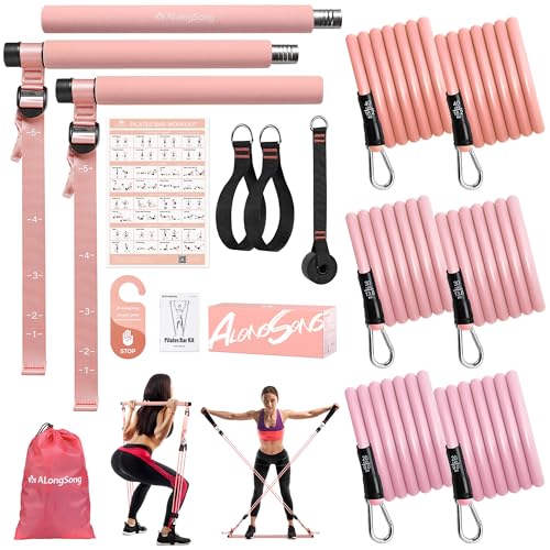 ALongSong Pilates Equipment Pilates Reformer Bar Set With 6 Resistance Bands 20/30/40lbs Door Anchor & Hook Fitness Equipment for Full-Body Toning & Muscle Building | Home Workout/Gym/Travel Use