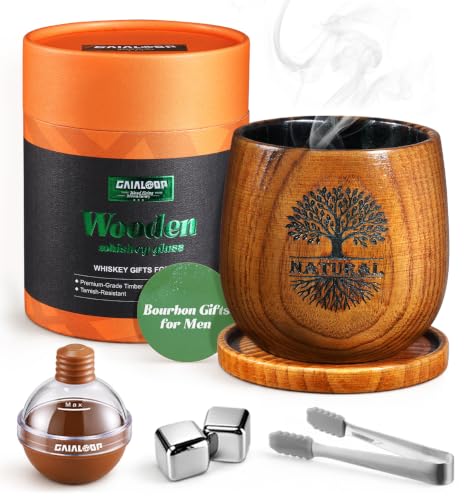 Gaialoop Charred Wooden Bourbon Drinking Glass with Tree of Life Engraving, Custom Wooden Whiskey Glass Gift Set for Men, Wood Bourbon Cup with Ice Stone & Ice Ball, Cool Whiskey Tumbler Gift Sets