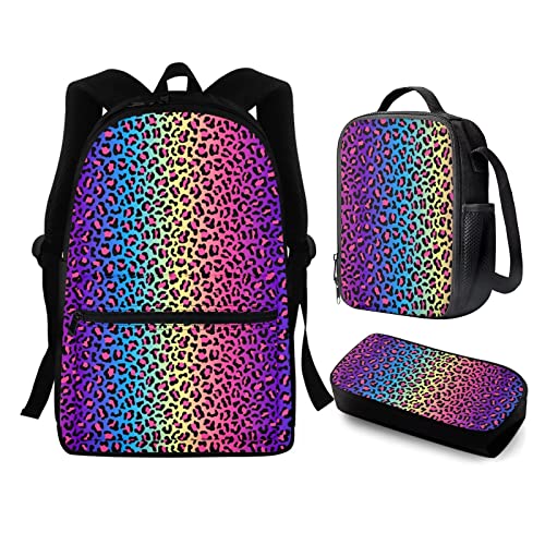 Set di 3 zaini con gatto per ragazze e bambini con borsa per il pranzo e matite set da 3 pezzi per libri elementari zaino per scuola prescolare Leopard Taglia unica Zaini Daypack