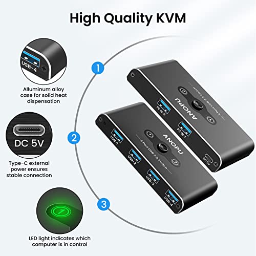 Usb Switch Km Switch, Aluminum Usb 3.0 Switcher 2 Computers Sharing 4 Usb Devices Km Switches 5V Usb-C Powered For Pc Printer Scanner Mouse Keyboard With 2 Pack Usb 3.0 Cable, One Button Switch #TOP5