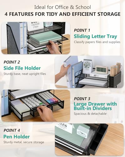 Image of WALI Desk File Organizer, 4 Tier Desktop Paper Letter Tray Organizer with Drawer and 2 Pen Holders, Office Desk Accessories & Workspace Organizers for Office, Home Supplies(DO005DH-2B), 2 Packs, Black