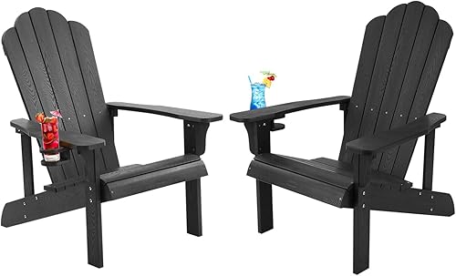 Adirondack - Juego de 2 sillas Adirondack resistentes a la intemperie con soporte para tazas, rayas de madera sintética, fácil de montar, silla al