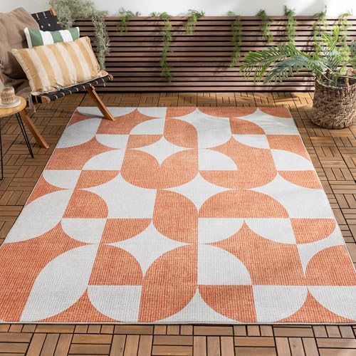 FRAAI | Home & Living Gartenteppich Groovy Tiles Terrakotta - Wetterfest - Polyester - Flachgewebe - Balkon, Garten/Terrasse, Wintergarten - Terrasse - Rug