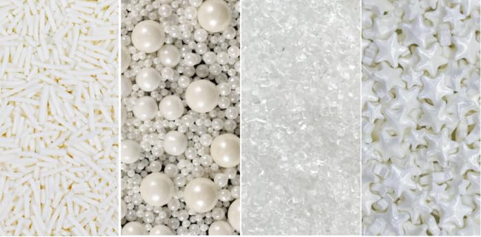 Image of White Sprinkles, 11.3oz Edible Pearls Star Jimmies Sanding Sugar Sprinkles | Large Capacity 4 Jars Set for Cakes Cupcakes Cookies Baking