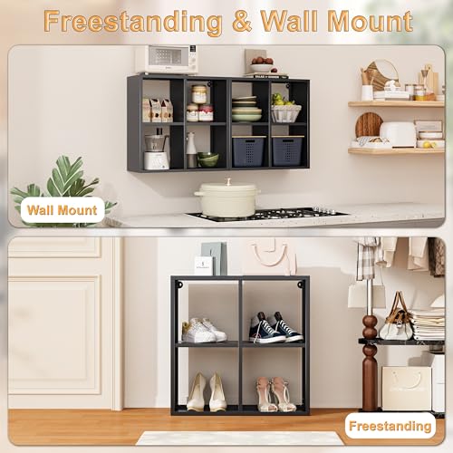 Image of VASAAOSD 4 Cube Storage Organizer - Metal Bookshelf, Black Cube Shelf, Deep Cube Shelving with Corner Protector, Stackable Design Bookcase for Living Room, Bedroom, Office, Entryway