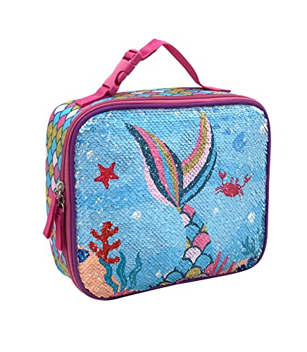 Happysunny LX2021-018 Mermaid Lunch Box For Girls Kids Children Reversible Sequin Lightweight Reusable Insulated Lunch Bag cover