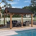 EAGLE PEAK 11x13 Hardtop Wood Gazebo,Outdoor Cedar Wood Frame Pavilion, Galvanized Steel Gable Roof, for Patio, Deck, Backyards, Garden, Natural Wood/Black