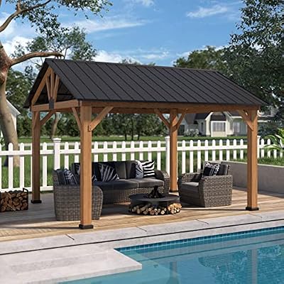 EAGLE PEAK 11x13 Hardtop Wood Gazebo,Outdoor Cedar Wood Frame Pavilion, Galvanized Steel Gable Roof, for Patio, Deck, Backyards, Garden, Natural Wood/Black