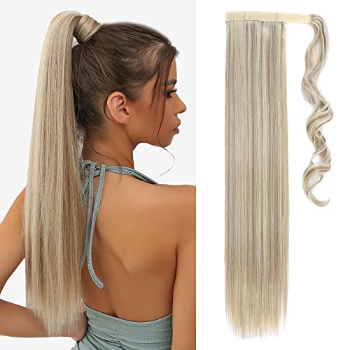 TESS Clip In Ponytail Hair Extensions Blond 23 Inches, Ash Blonde Balayage Straight Hair Extensions Clip In Ponytail 90g Fake Extension