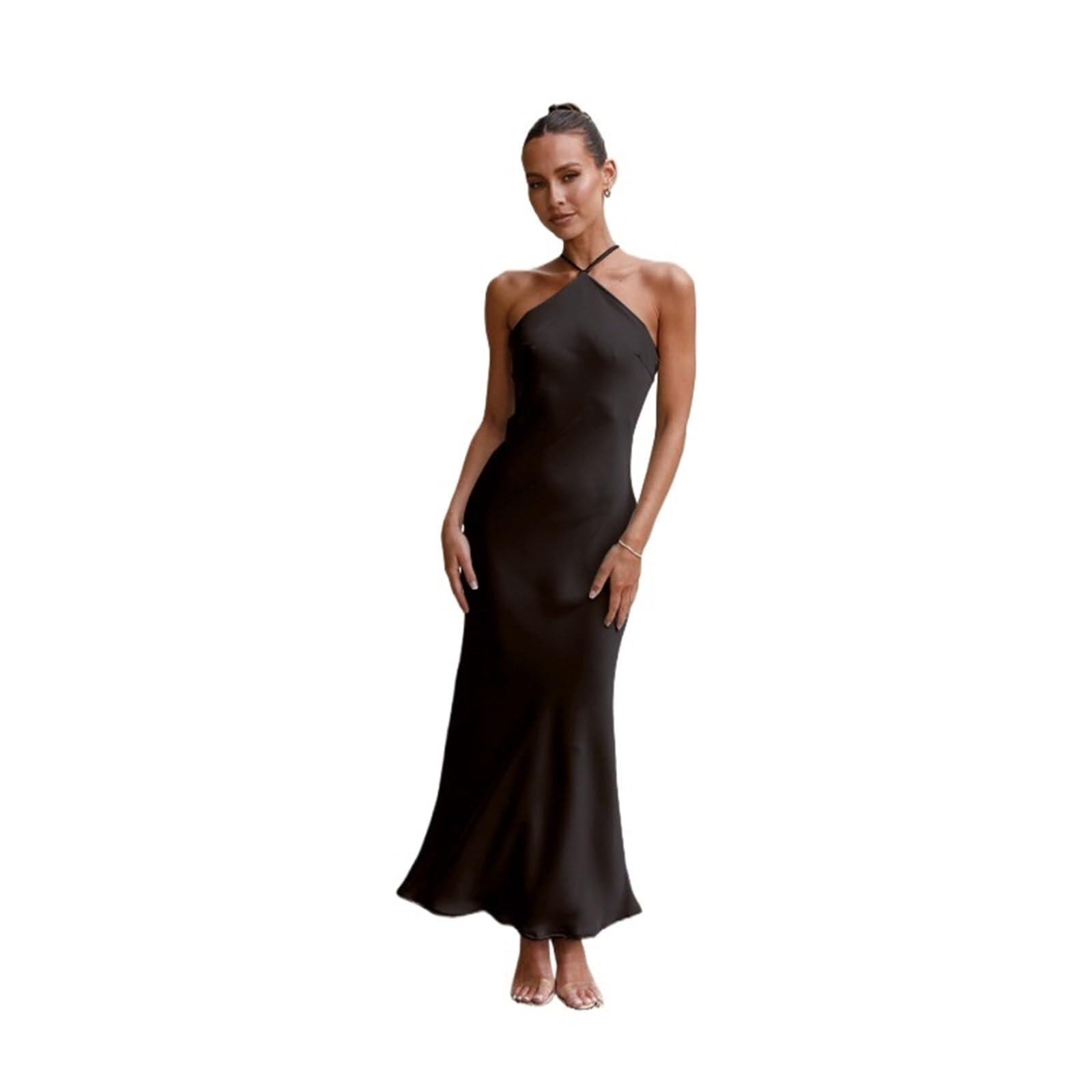 DAGIN Abito Longuette da Donna in Raso di Seta Sexy con Cinturino per Spaghetti, Collo ad Anello, Elegante Abito Longuette in Raso di Seta con Slip Lungo