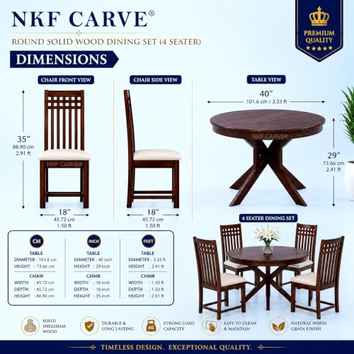 Image of Wooden Dining Table & Chair Set for 4 Person | Solid Sheesham Wood Round Dining Table with Air Grid Backrest & Cushioned Chairs | Modern & Trending Style Design for Home & Dining Room | Walnut Finish