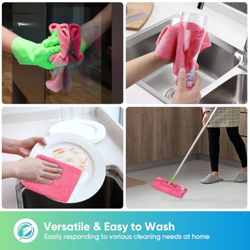 HOMEXCEL Pink Microfiber Cleaning Cloth, 12 Pack Premium Microfiber Towels for Cars, Lint Free, Scratch-Free, Highly Absorbent, Reusable Cleaning Rags for Car, Household, Kitchen, Window, 11.5"X11.5"
