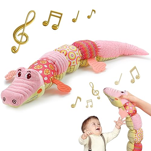 Image of Sumobaby Baby Toys Musical Crocodile, Stuffed Animal Activity Soft Toys with Teether,Multi-Sensory Crinkle, Rattle and Textures, for Tummy Time Baby Toys 0 to 12 Months Boys, Girls, Alligator (Pink)