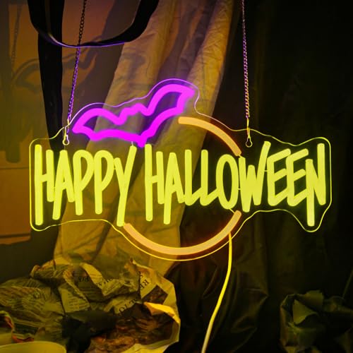 Image of Happy Halloween Neon Sign Bat LED Light Up for Bedroom Home Bar Halloween Decor Trick or Treat Party Backdrop USB Powered