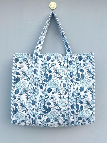 Image of Quilted Cotton Handprinted Reversible Large multicolor Floral Tote Bag,Hand Block Print Shopping Shoulder Carry Bag