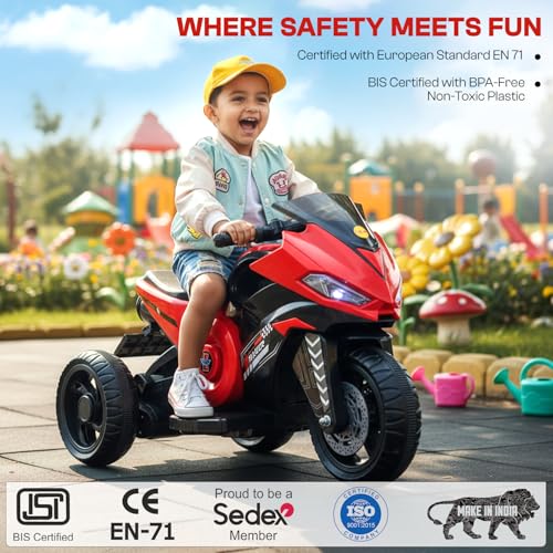 Image of Toyzone Ranger Electric Bike (Red) | 6V Rechargeable Bike for Kids with 4.5Ah Battery | LED Lights, Music, MP3 /USB /BT | Smooth Acceleration | 6M Battery Warranty | Age 2-6 Years, Up to 35kg