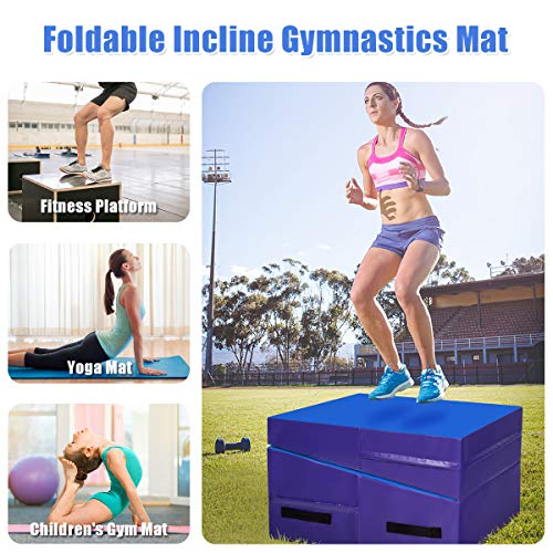 Giantex Folding Incline Gymnastics Mat, w/Carrying Handles, Cheese Wedge Gymnastics Tumbling Mat for Kids Play, Home Exercise, Aerobics, Gymnastics Training (Blue)