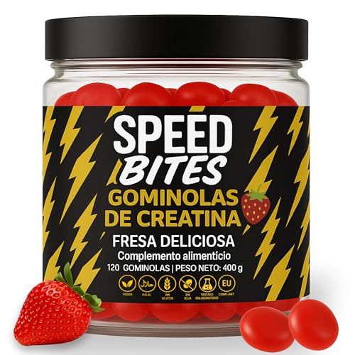 Speed Bites Gominolas de Creatina HCl 1600 mg ≈ 5000 mg de Creatina Monohidrato – Sin Azúcar, Alta Absorción, Vegano – para Gimnasio – Fuerza y Rendimiento – Fresa – 120 Gominolas