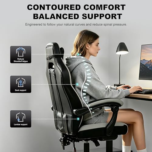 Image of Big and Tall Gaming Chair,400lbs Heavy Duty Office Chair with Footrest, PU Leather High Back PC Desk Chair, Linkage Armrests & Reinforced Steel Frame,Grey