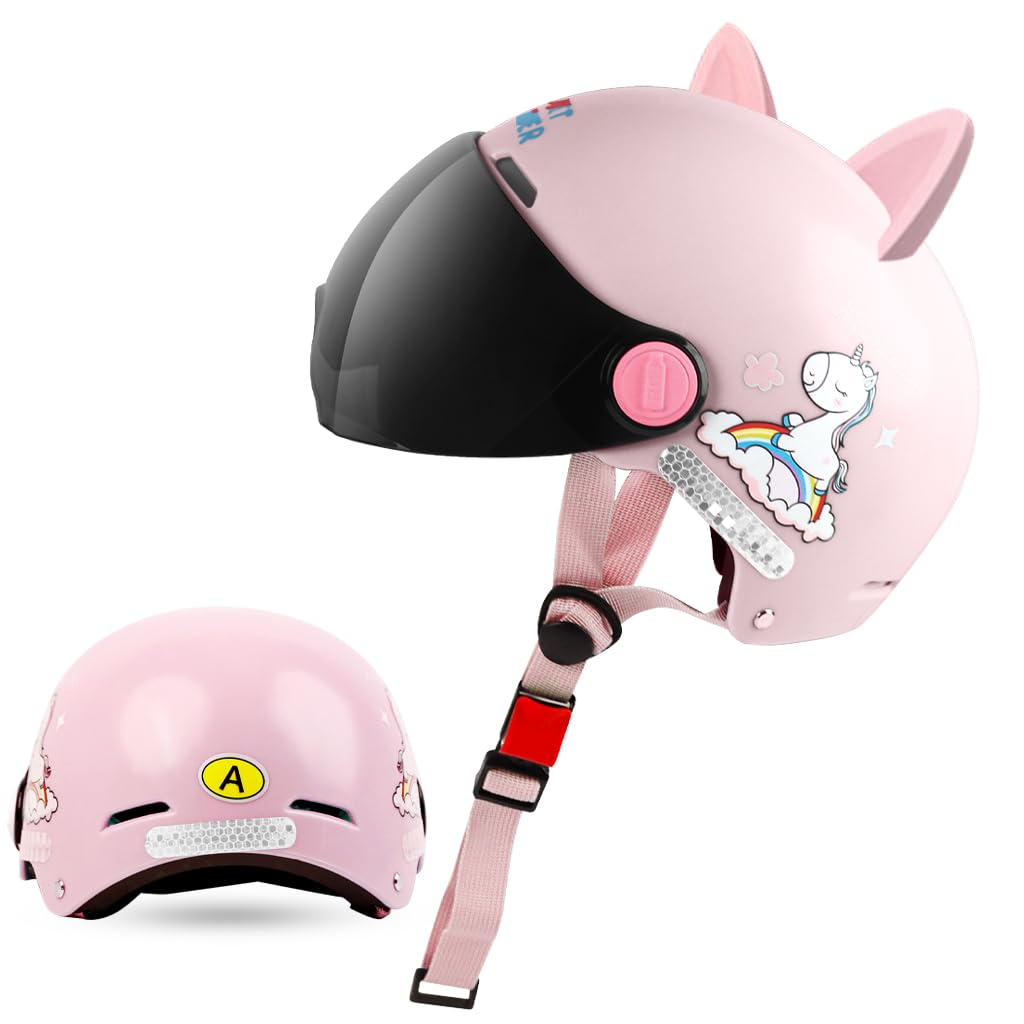 Proberos® Kids Bike Scooter Helmet Safety Helmet with Visor Adjustable Chin Strap Anti-impact Cushioning Helmet Cartoon Bunny Ear Unicorn Girls Bike Scooter Helmet Bicycle Helmet