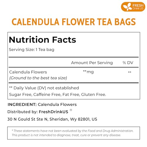 Image of FreshDrinkUS, Premium 135 Calendula Tea Bags, 100% Natural and Pure Calendula Flowers, Eco-conscious Tea Bags. Herbal Tea. No Sugar, No Caffeine, No Gluten, Vegan.