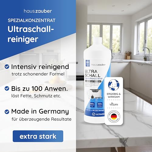 hauszauber® - Ultraschallreiniger Konzentrat [EXTRA ERGIEBIG] 1000 ml - Reinigt Brillen, Schmuck, Zahnersatz, Münzen, Kleinteile etc. - Für Ultraschallgeräte & Ultraschallbad
