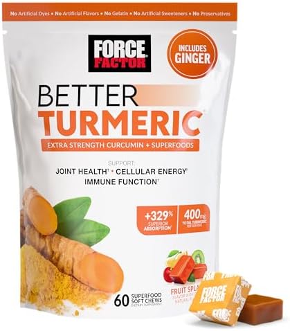 FORCE FACTOR Better Turmeric Supplement 400mg with Black Pepper & Ginger, Extra Strength Joint Support, Superior Absorption, Like Turmeric Gummies, Fruit Splash, 60 Turmeric Chews