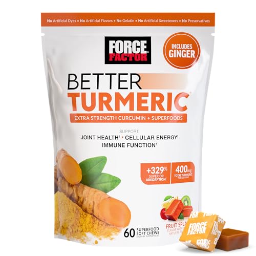 Force Factor Better Turmeric Supplement 400mg with Black Pepper & Ginger, Extra Strength Joint Support, Superior Absorption, Like Turmeric Gummies, Fruit Splash, 60 Turmeric Chews