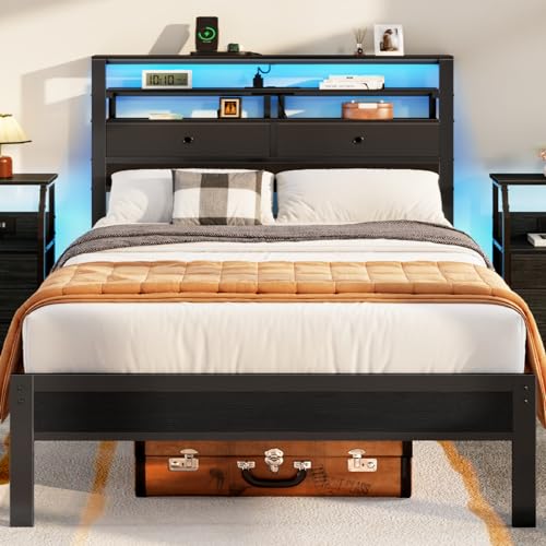 Furnulem Full Bed Frame with Headboard, Drawers, LED Lights