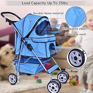   4-Wheels-Pet-Stroller-Cat-Dog-Cage-Stroller-Travel-Folding-Carrier-with-Cup-Holders-and-Removable-Liner-for-Small-Medium-Dog-Cat-Blue
