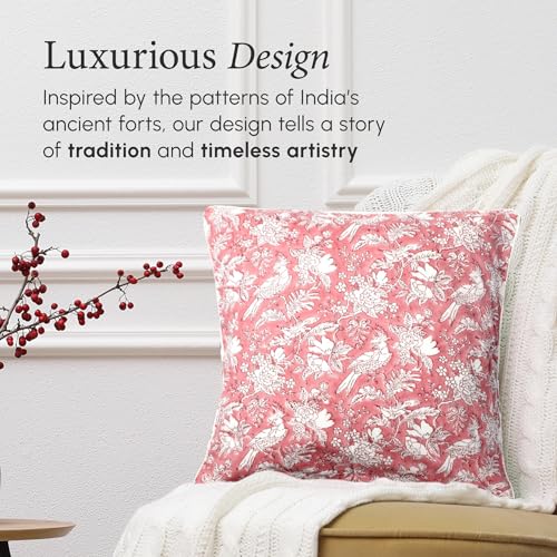 CPC 100% Cotton Throw Pillow Covers 18x18 Inch, Set of 2 Pink Block Print Pattern Couch Pillow, Cute Boho Decorative Pillows for Living Room, Bedroom with Hidden Zipper- Coral Pink