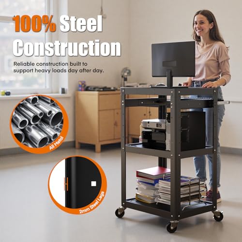Image of AV Presentation Cart Stand for Video Projector,TV,Laptop Computers,Printers,Metal Construction Rolling Cart with Adjustable Shelves,4 Wheels,4 Outlets, 5.75ft Cord,Support 300 lbs,Black