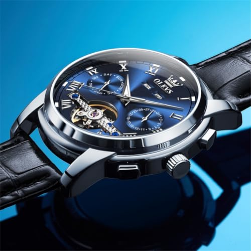 Image of OLEVS Mechanical Dress Mens Watches Square Brown Leather Strap Moon Phase Skeleton Tourbillion Day Date Waterproof Luminous Men's Wrist Watches