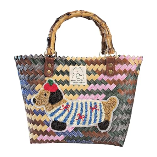 Einkaufskorb Geflochten aus Kunststoff, Korbtasche Handtasche, Strandtasche Stroh Groß, Geflochten Handtasche Damen für Picknick, Shopping, Urlaub (Dackel)