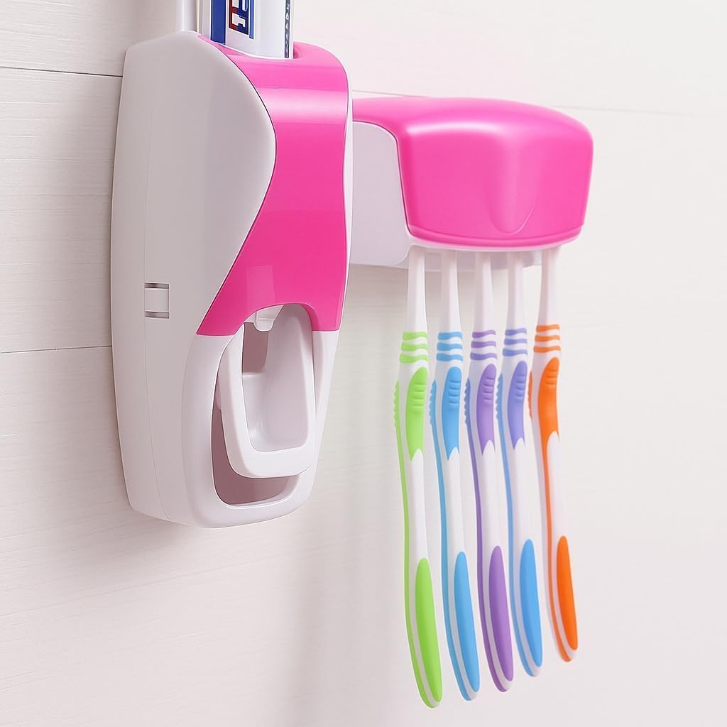 Hands Free Wall Mounted Plastic Dust Proof Automatic Toothpaste Dispenser and Detachable Hole 5 Toothbrush Holder, White-picture-15