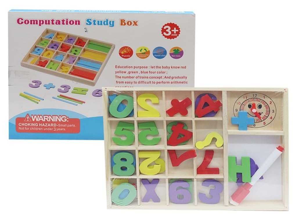 Smoneo Wooden Computation Study Box for Kids Educational Math Puzzle Toy with Clock, Number Blocks, Marker & Eraser Home Learning Kit for Calculation Training (Random Color) 2