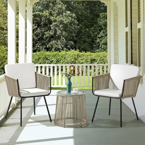 Image of LOCCUS 3 Pieces Patio Furniture Set Outdoor All Weather Woven Rope Conversation Bistro Set Hand-Woven Rope Chairs with Glass Top Coffee Table Set for Backyard (Beige and Off-White)